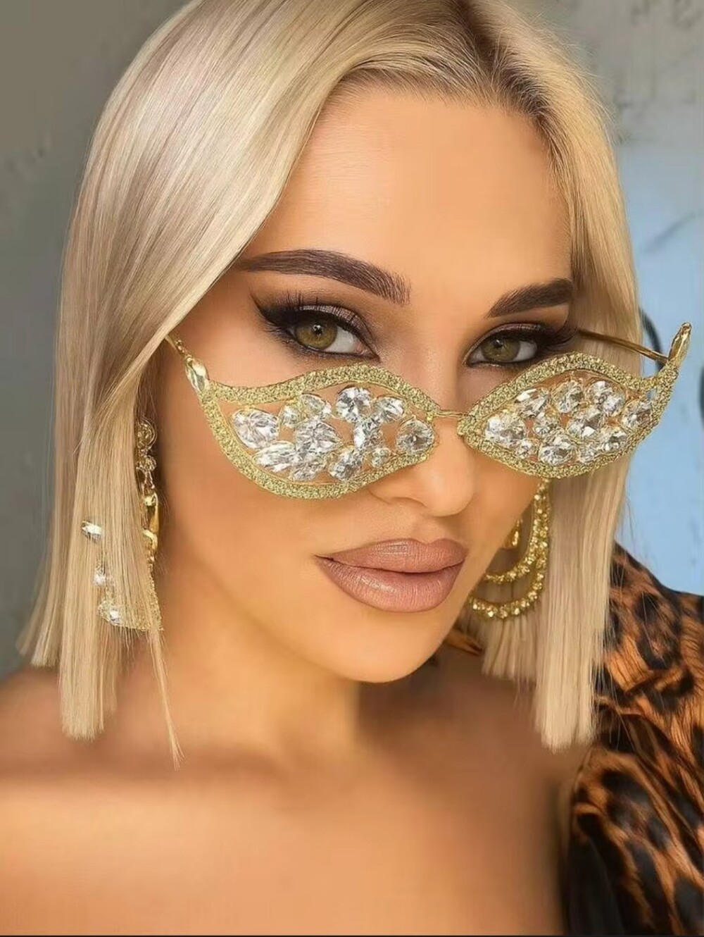 Gold Crystal Embellished Fashion Sunglasses No Lens